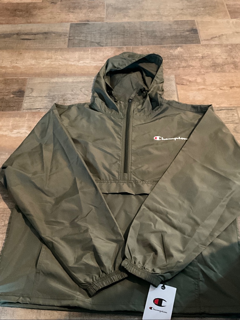 Champion Olive Green Hooded Half-Zip Windbreaker Pullover